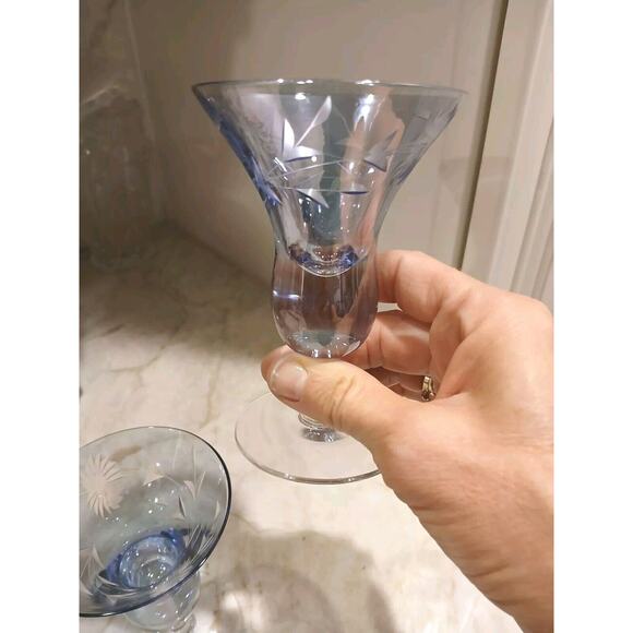 Murano Etched Cocktail Cordial Glasses 5" BLUE Barware Hand Blown Italy Antique - Picture 2 of 16